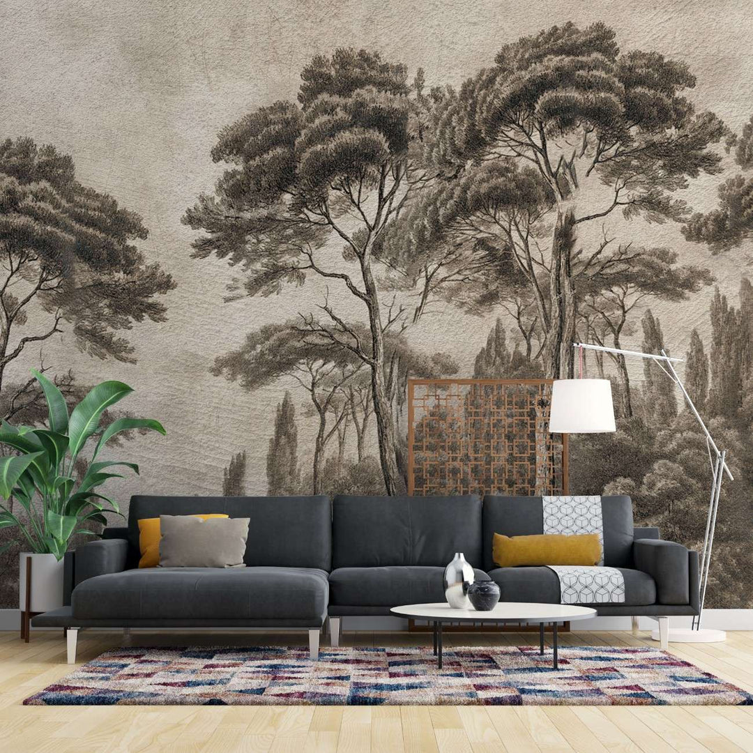 Tapet personalizat forest cu pini si chiparosi ilustrati intr un stil clasic si atemporal aducand eleganta si profunzime spatiului victorian forest