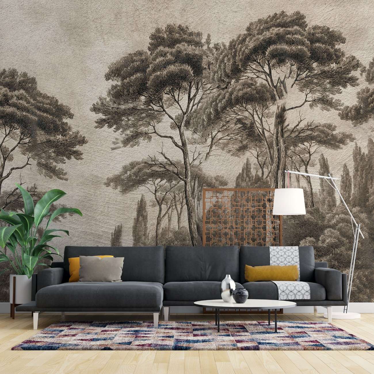 tapet personalizat forest cu pini si chiparosi ilustrati intr un stil clasic si atemporal aducand eleganta si profunzime spatiului victorian forest