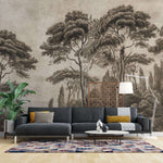 Tapet personalizat forest cu pini si chiparosi ilustrati intr un stil clasic si atemporal aducand eleganta si profunzime spatiului victorian forest