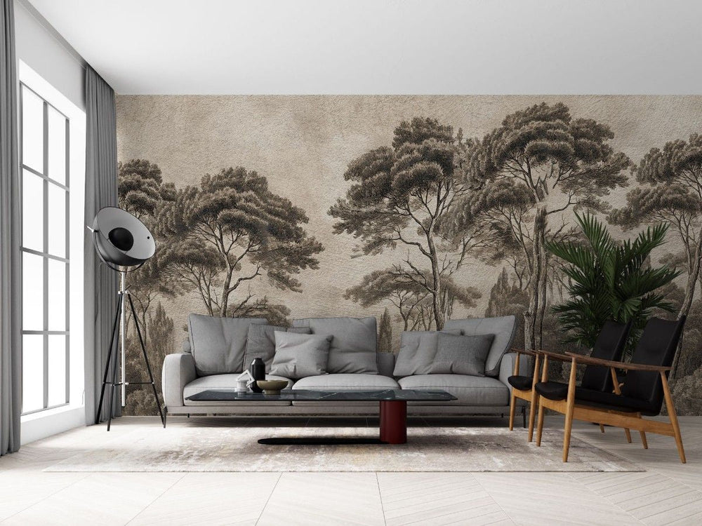 Tapet personalizat forest cu pini si chiparosi ilustrati intr un stil clasic si atemporal aducand eleganta si profunzime spatiului victorian forest