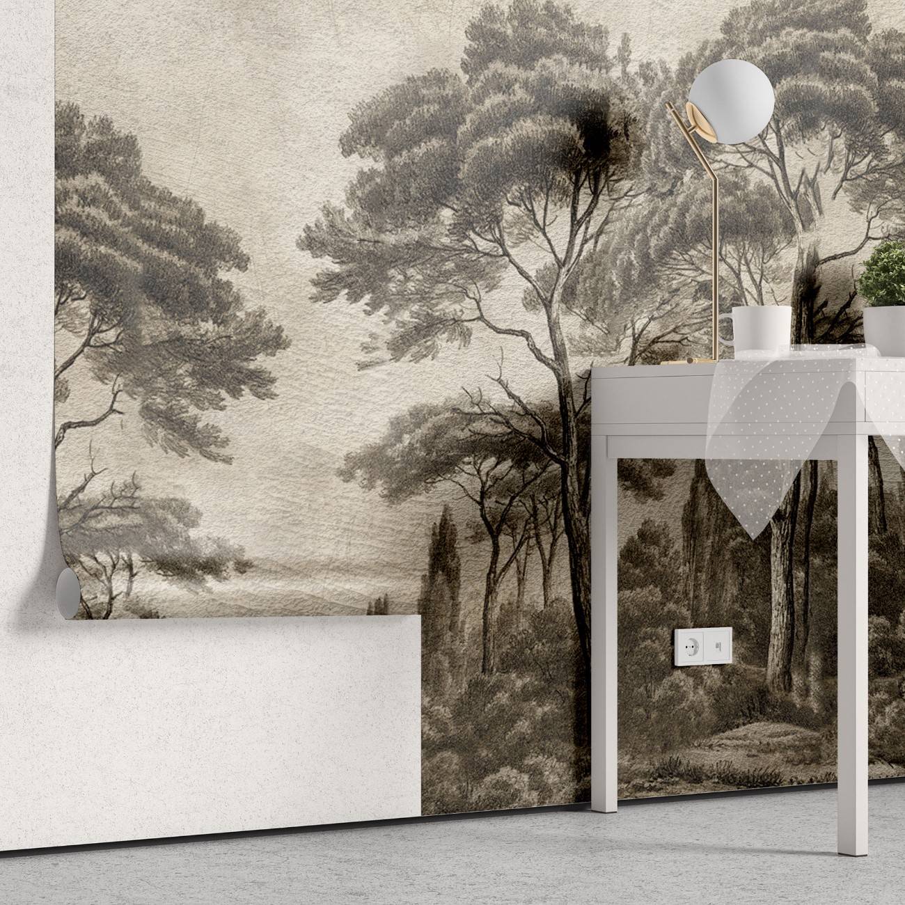 tapet personalizat forest cu pini si chiparosi ilustrati intr un stil clasic si atemporal aducand eleganta si profunzime spatiului victorian forest