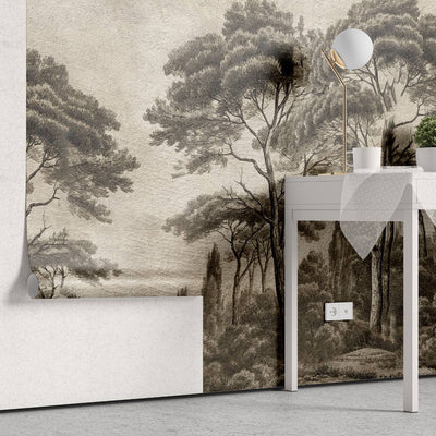 tapet personalizat forest cu pini si chiparosi ilustrati intr un stil clasic si atemporal aducand eleganta si profunzime spatiului victorian forest