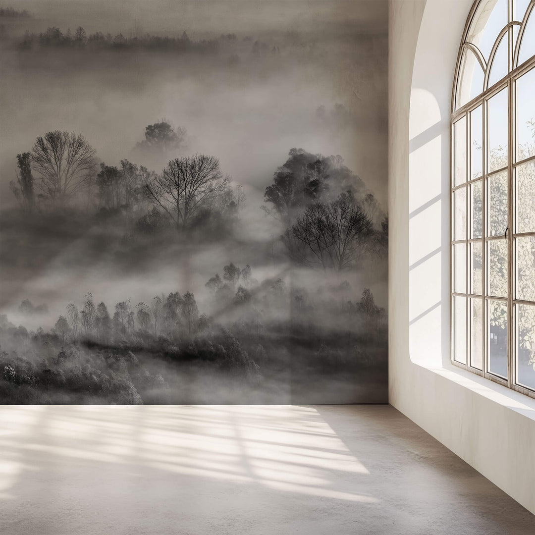 Tapet Personalizat Forest cu padure in alb negru si ceata - GRAYSCALE FOREST