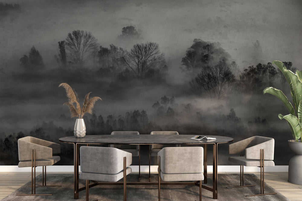 Tapet Personalizat Forest cu padure in alb negru si ceata - GRAYSCALE FOREST