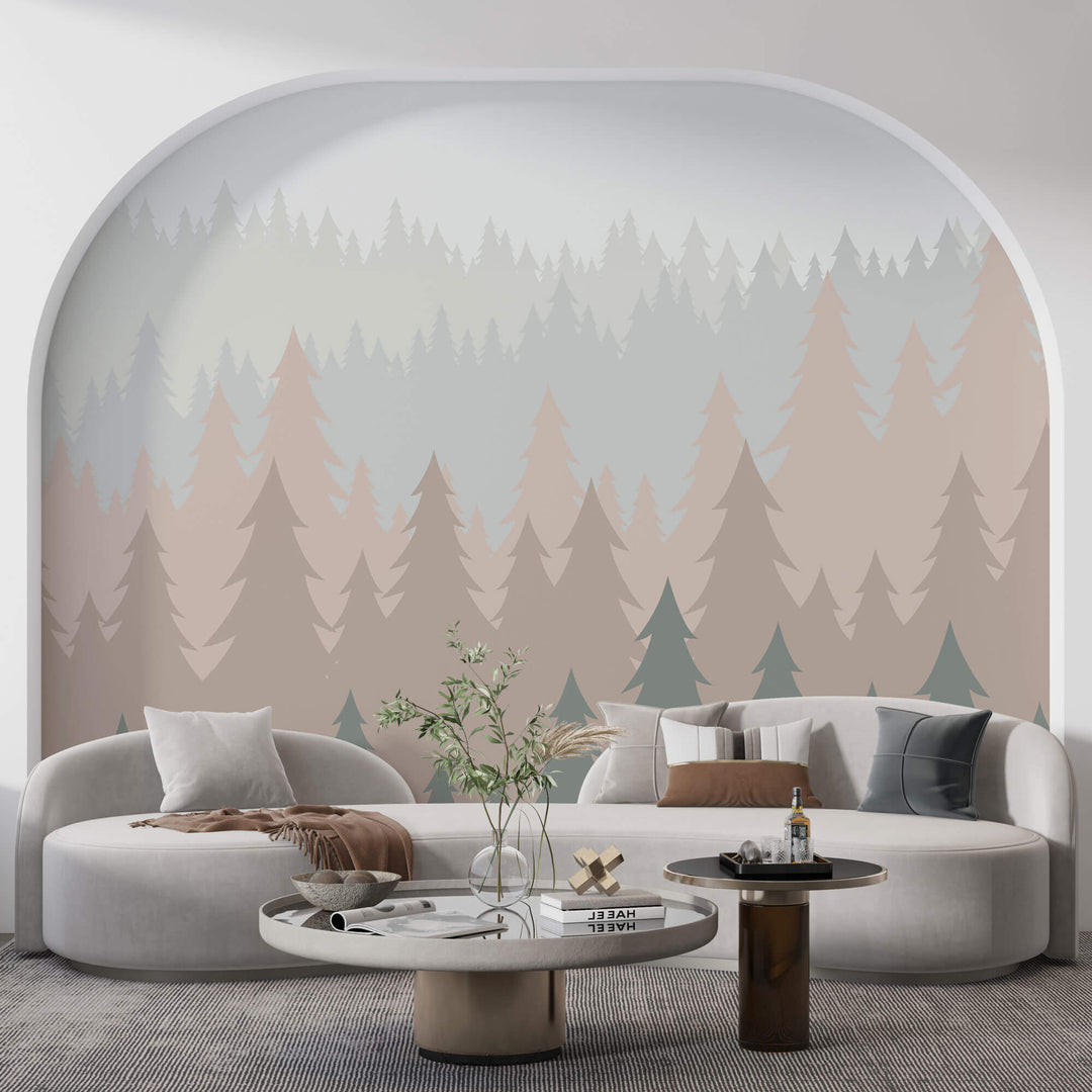 Tapet Personalizat Forest cu brazi in nuante pastel vazuti din departare - PASTEL FOREST