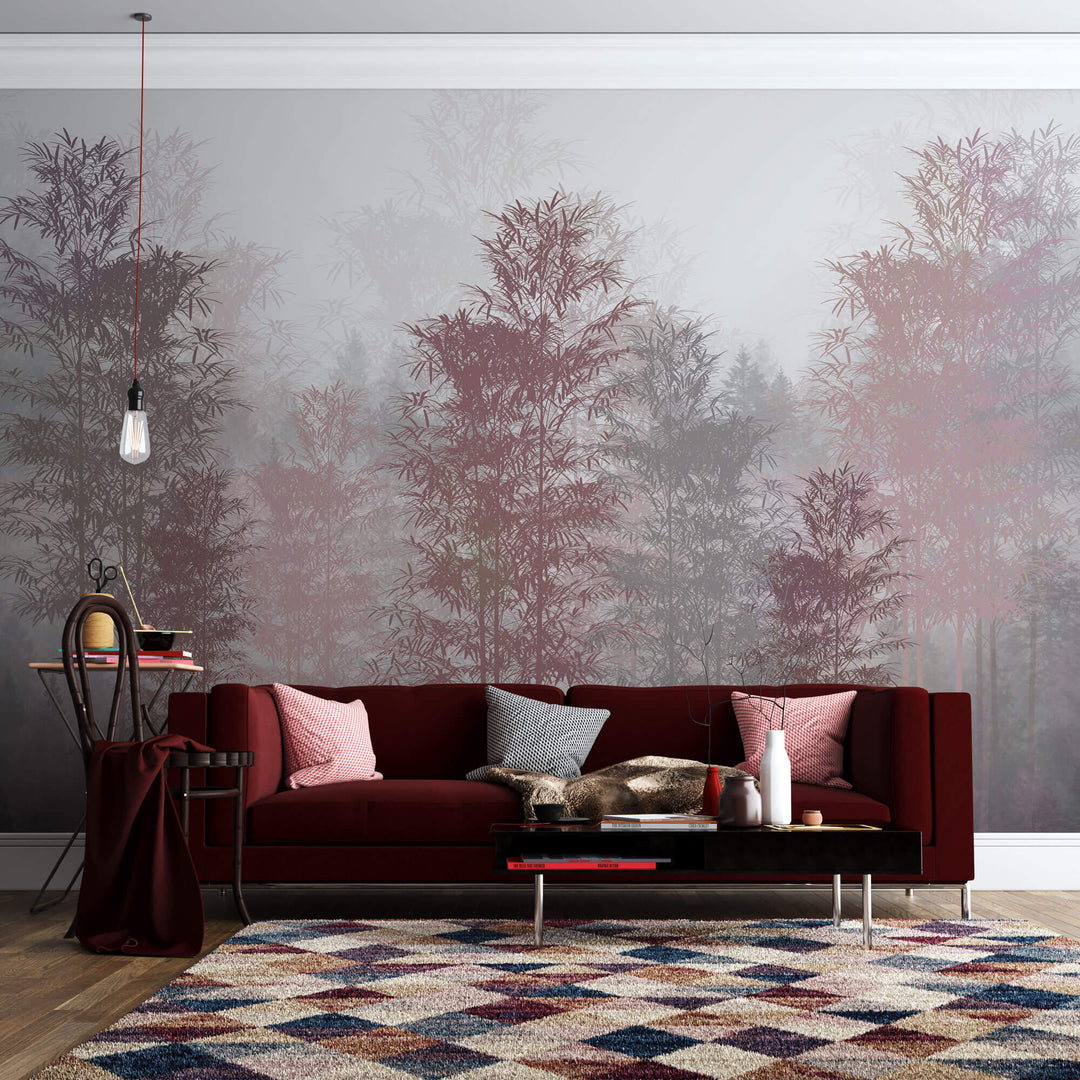 Tapet Personalizat Forest cu copaci in nuante de roz si brazi in ceata - PINK BAMBOO FOREST