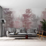 Tapet Personalizat Forest cu copaci in nuante de roz si brazi in ceata - PINK BAMBOO FOREST