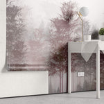 Tapet Personalizat Forest cu copaci in nuante de roz si brazi in ceata - PINK BAMBOO FOREST