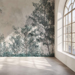 Tapet Personalizat Forest cu padure de foioase cu cer in ceata - FADED GREEN