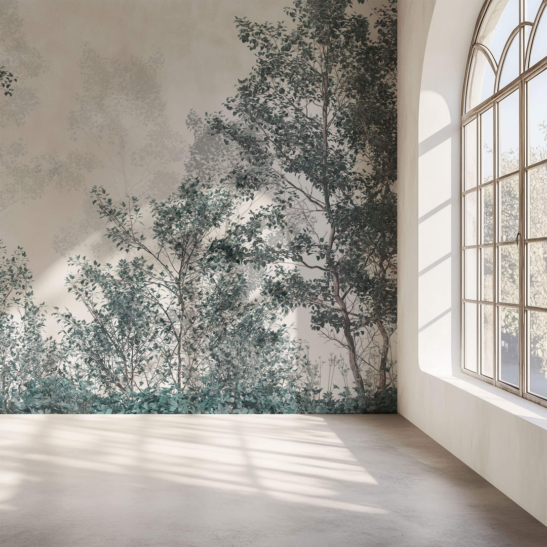 Tapet Personalizat Forest cu padure de foioase cu cer in ceata - FADED GREEN