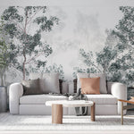 Tapet Personalizat Forest cu padure de foioase cu cer in ceata - FADED GREEN
