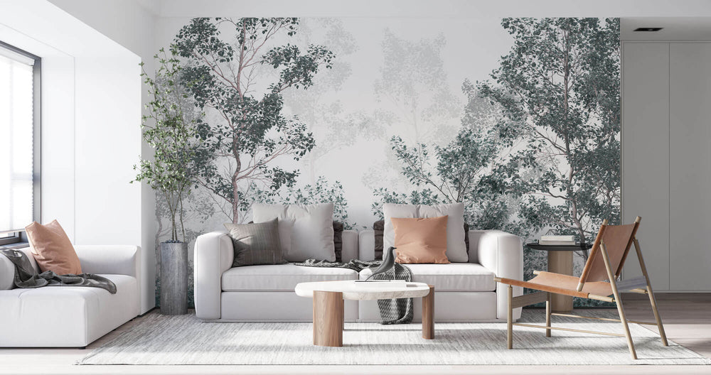 Tapet Personalizat Forest cu padure de foioase cu cer in ceata - FADED GREEN