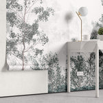 Tapet Personalizat Forest cu padure de foioase cu cer in ceata - FADED GREEN