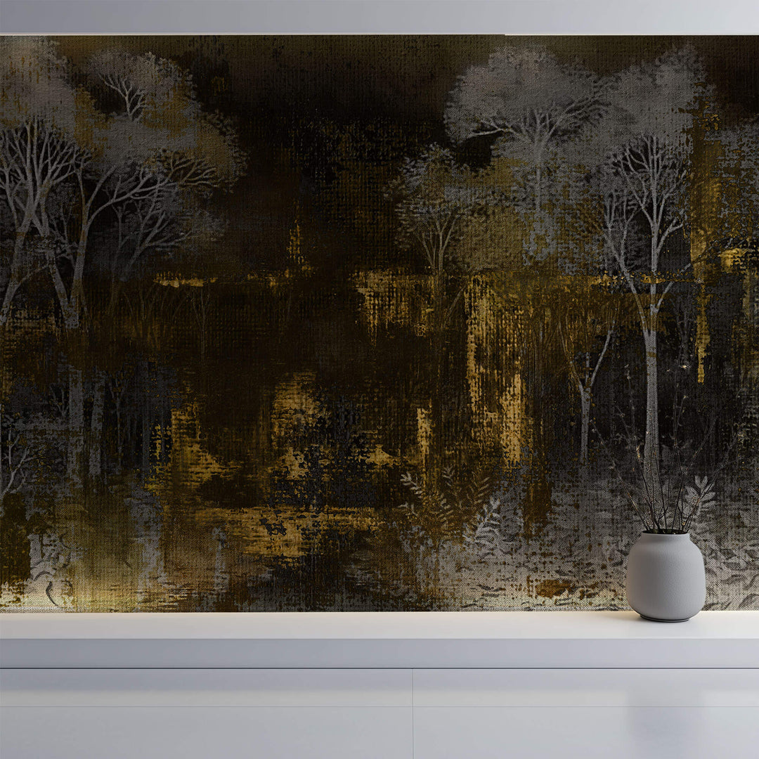 Tapet Personalizat Forest cu padure abstracta in pictura pe canvas - DARK GOLD FOREST