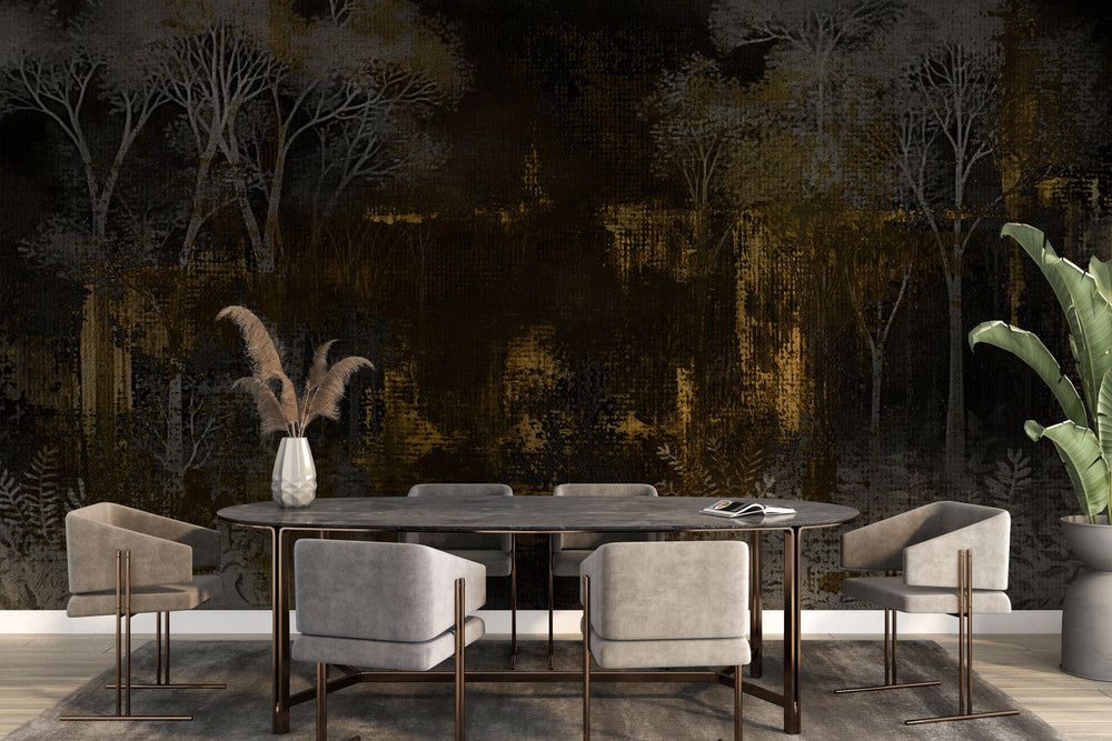 Tapet Personalizat Forest cu padure abstracta in pictura pe canvas - DARK GOLD FOREST