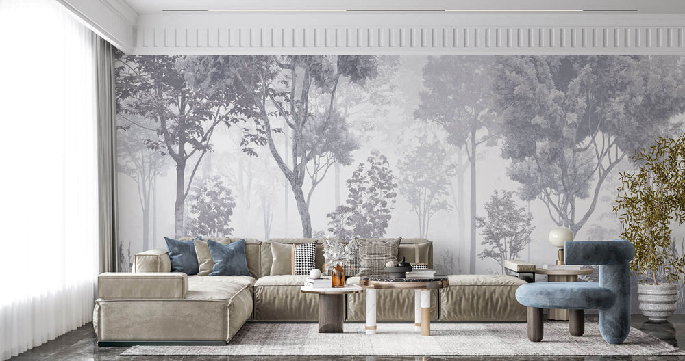 Tapet Personalizat Forest cu padure gri in ceata - GREY-BLUE FOREST