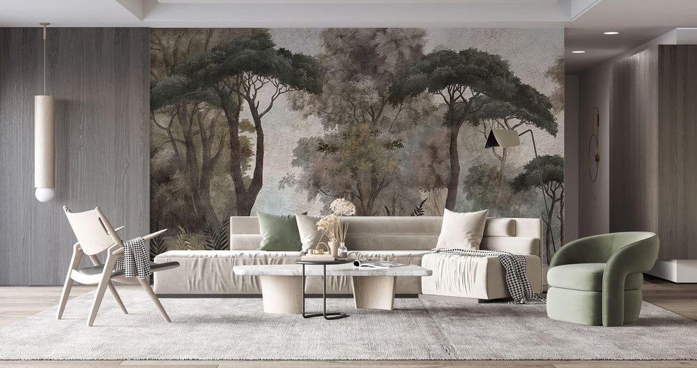 Tapet Personalizat Forest cu copaci inalti intr-o fresca veche - OLD FRESCO TREES