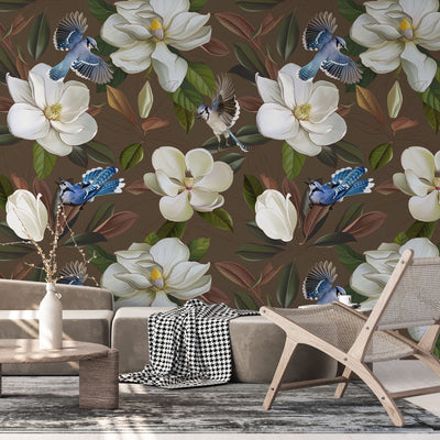 Tapet personalizat floral cu flori de stewartia pe un fundal maro blue bird stewartia i