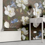 Tapet personalizat floral cu flori de stewartia pe un fundal maro blue bird stewartia i
