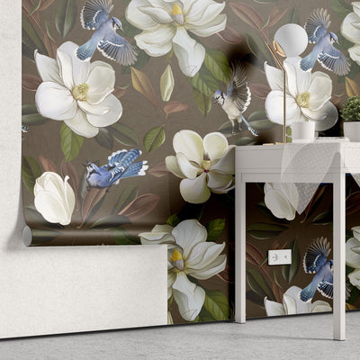 Tapet personalizat floral cu flori de stewartia pe un fundal maro blue bird stewartia i