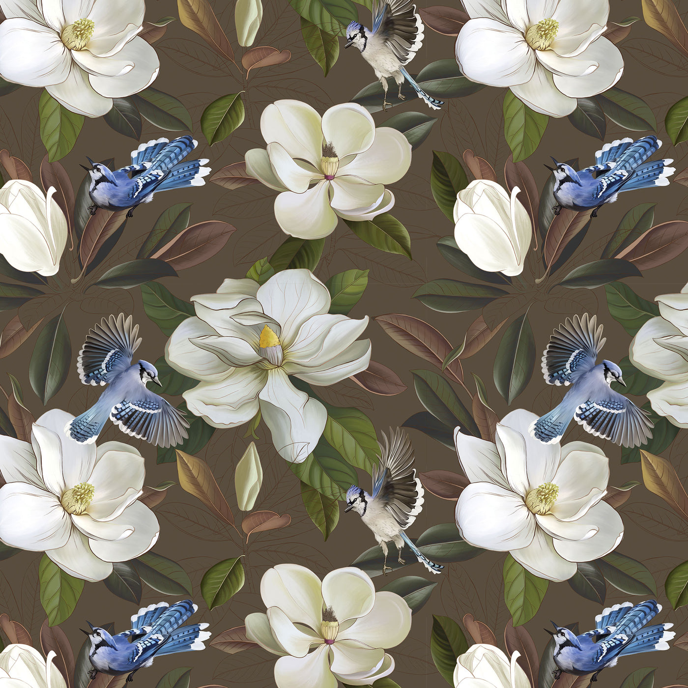 Tapet personalizat floral cu flori de stewartia pe un fundal maro blue bird stewartia i