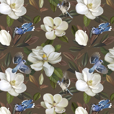 Tapet personalizat floral cu flori de stewartia pe un fundal maro blue bird stewartia i