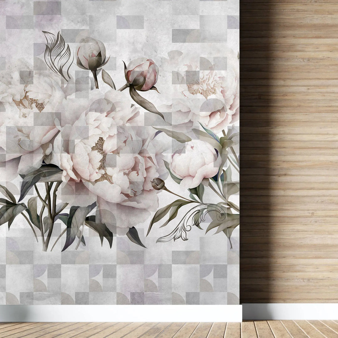 Tapet personalizat floral cu flori roz de bujori infloriti pe un fundal alb geometric geometric peony