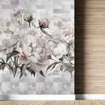 Tapet personalizat floral cu flori roz de bujori infloriti pe un fundal alb geometric geometric peony