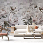 Tapet personalizat floral cu flori roz de bujori infloriti pe un fundal alb geometric geometric peony