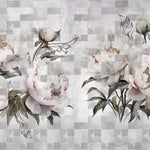 Tapet personalizat floral cu flori roz de bujori infloriti pe un fundal alb geometric geometric peony