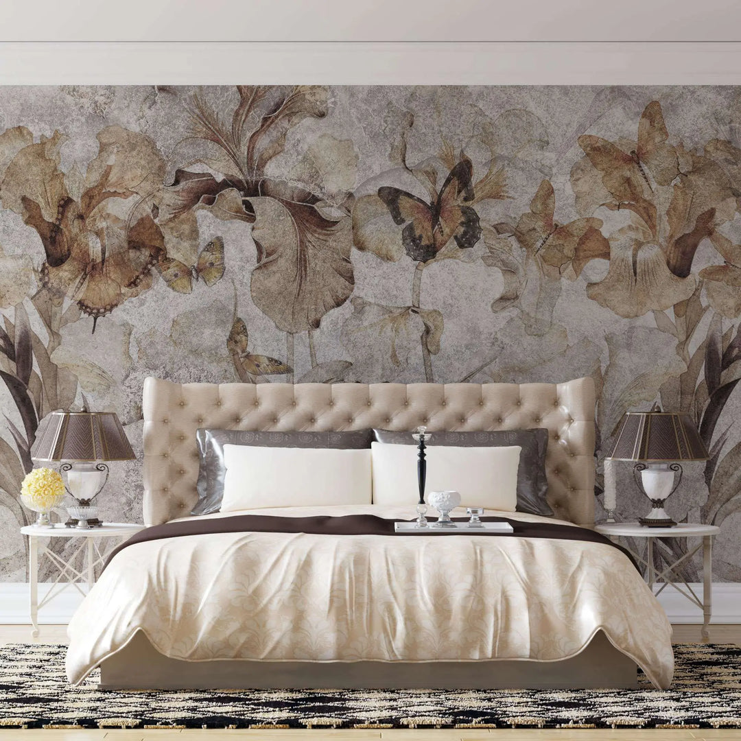 Tapet personalizat floral cu flori si fluturi in nuante de maro floral butterflies