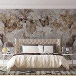 Tapet personalizat floral cu flori si fluturi in nuante de maro floral butterflies