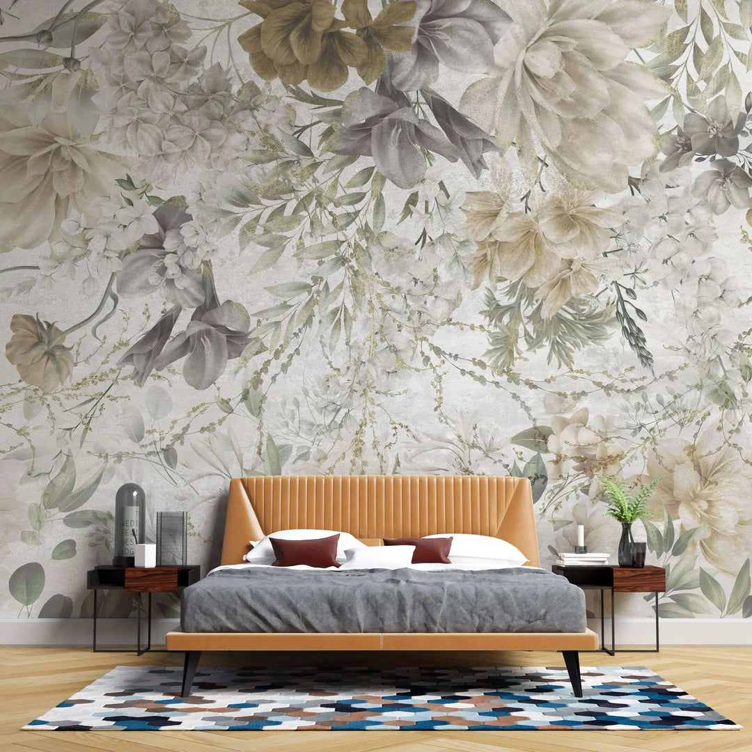 Tapet personalizat floral cu flori vesele in nuante estetice de bej grandmacore