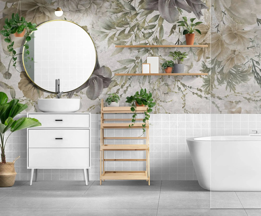 Tapet personalizat floral cu flori vesele in nuante estetice de bej grandmacore