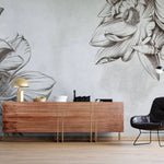 Tapet personalizat floral cu flori uscate sepia pe un fundal alb sepia sunflower