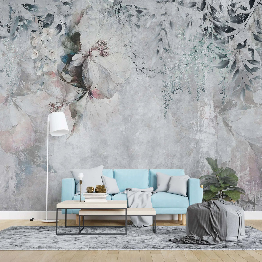 Tapet personalizat floral cu flori pictate in nuante subtile de roz si albastru intr un fundal gri texturat paintbrush flower