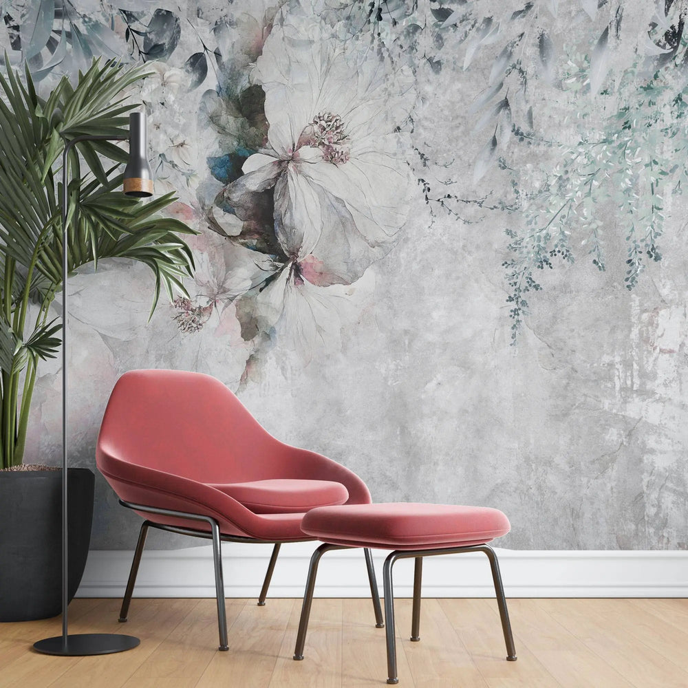 Tapet personalizat floral cu flori pictate in nuante subtile de roz si albastru intr un fundal gri texturat paintbrush flower