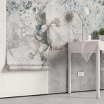 Tapet personalizat floral cu flori pictate in nuante subtile de roz si albastru intr un fundal gri texturat paintbrush flower