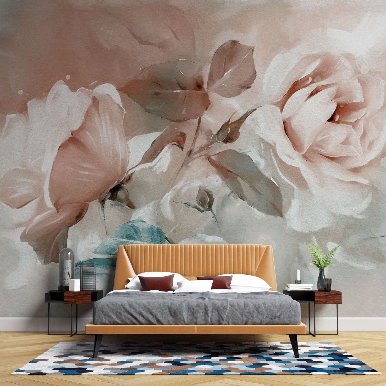 fototapet personalizat floral cu flori mari in tonuri pastelate de roz creand o atmosfera visatoare si romantica rose pastel mural