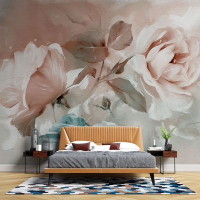 fototapet personalizat floral cu flori mari in tonuri pastelate de roz creand o atmosfera visatoare si romantica rose pastel mural