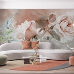 Fototapet personalizat floral cu flori mari in tonuri pastelate de roz creand o atmosfera visatoare si romantica rose pastel mural