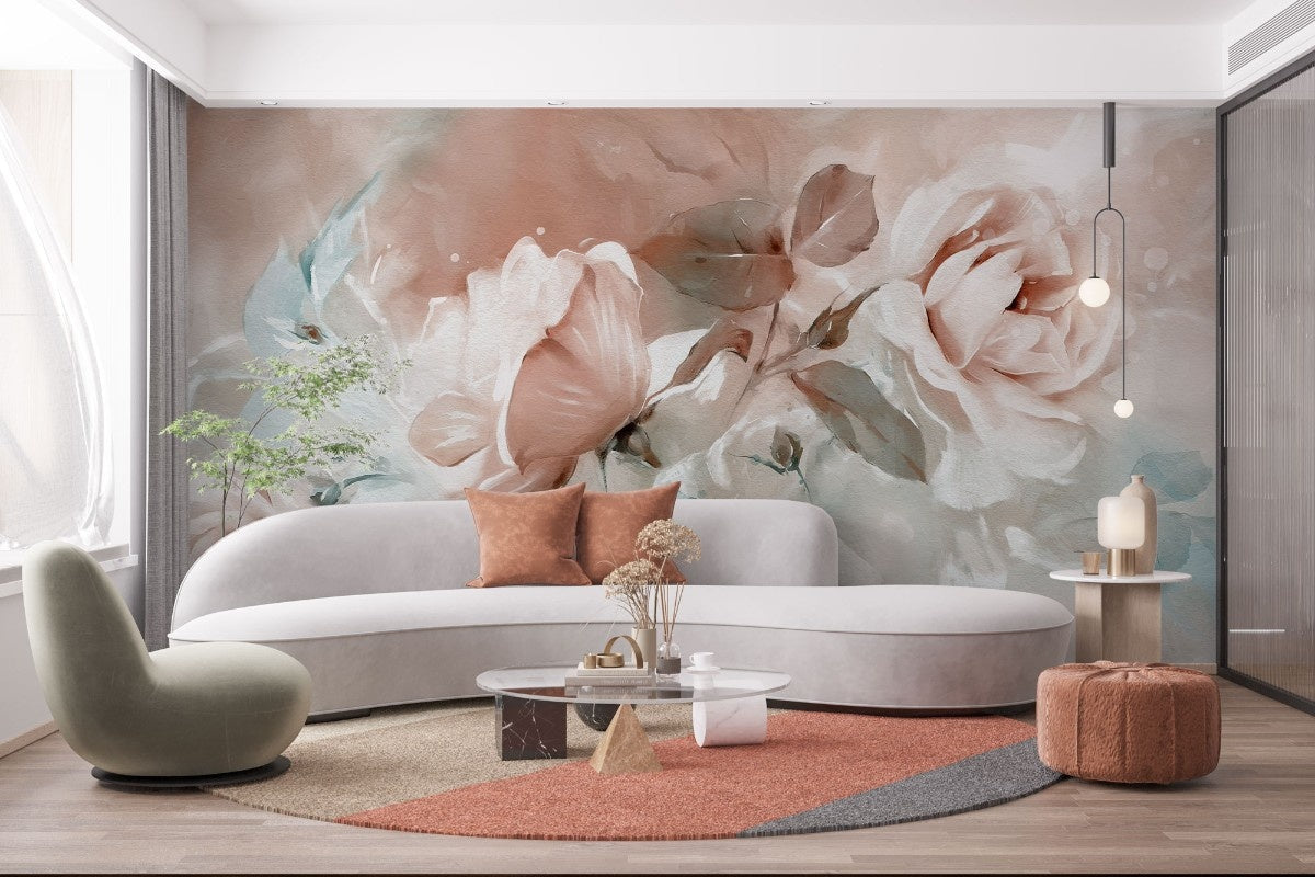fototapet personalizat floral cu flori mari in tonuri pastelate de roz creand o atmosfera visatoare si romantica rose pastel mural