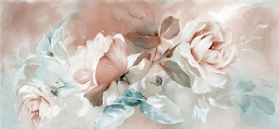 fototapet personalizat floral cu flori mari in tonuri pastelate de roz creand o atmosfera visatoare si romantica rose pastel mural
