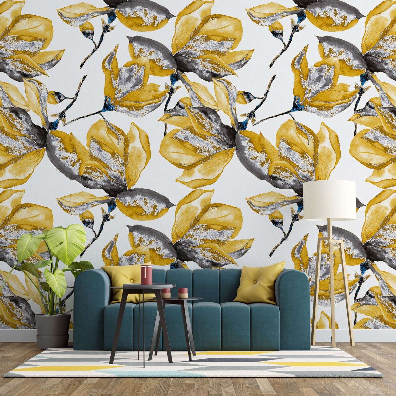 tapet personalizat floral cu flori de magnolie in nuante vibrante de galben oferind o nota de prospetime si eleganta yellow magnolia