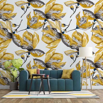 tapet personalizat floral cu flori de magnolie in nuante vibrante de galben oferind o nota de prospetime si eleganta yellow magnolia