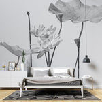 Fototapet personalizat floral cu flori in tonuri de gri cu un aspect delicat si artistic ideal pentru un decor calm grayscale blossom