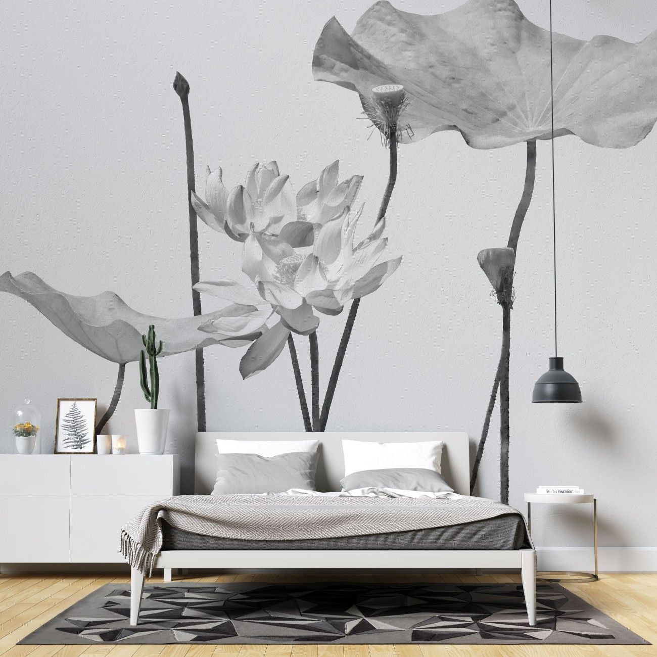 fototapet personalizat floral cu flori in tonuri de gri cu un aspect delicat si artistic ideal pentru un decor calm grayscale blossom