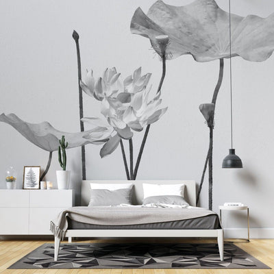 fototapet personalizat floral cu flori in tonuri de gri cu un aspect delicat si artistic ideal pentru un decor calm grayscale blossom