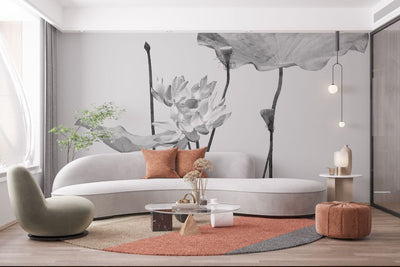 fototapet personalizat floral cu flori in tonuri de gri cu un aspect delicat si artistic ideal pentru un decor calm grayscale blossom