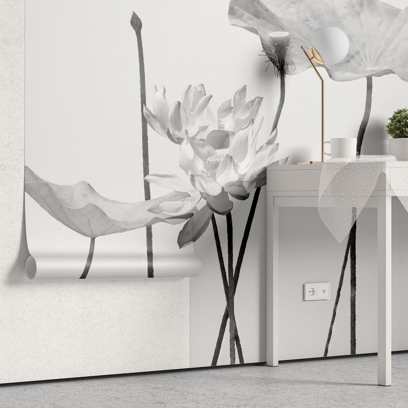 fototapet personalizat floral cu flori in tonuri de gri cu un aspect delicat si artistic ideal pentru un decor calm grayscale blossom